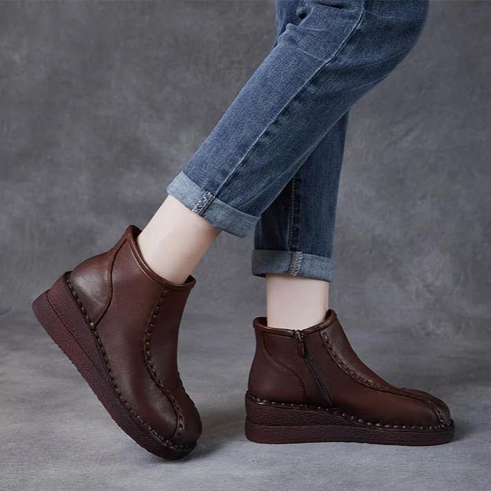 Johnature Retro Soft Soled Wedges Short Boots Genuine Leather Women's Shoes Round Toe Plush Cotton Boots