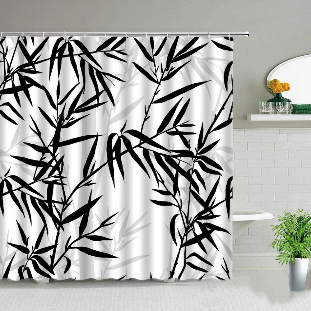 Bamboo Ink Painting Bathroom Shower Curtains Polyester Fabric Bath Screens Bathtub Decor Waterproof Hanging Curtain With Hooks