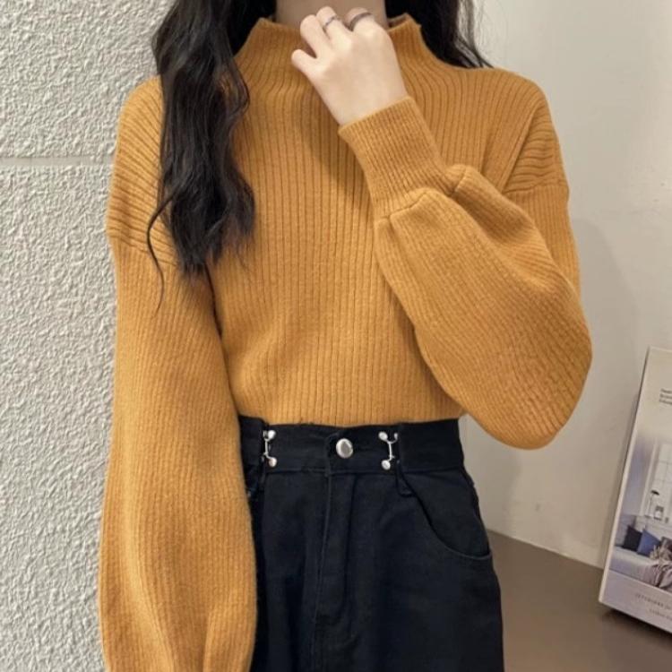 Half Turtleneck Sweater for Women Loose Solid-color Knitted Sweater for Autumn and Winter Casual Long-sleeved Pullover