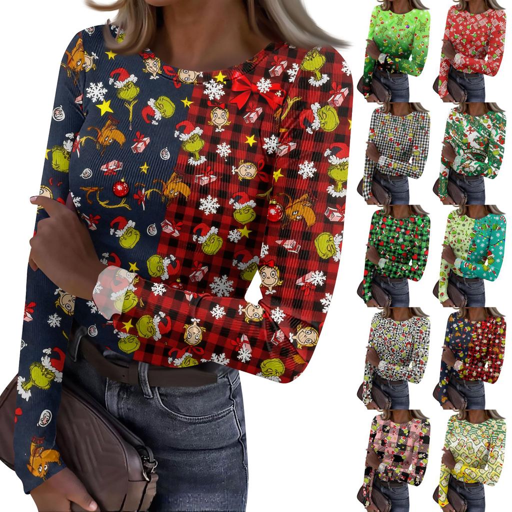 Women's Slim Fit Long Sleeve T-Shirt with Christmas Graphic, Neck Pullover Top for Holiday
