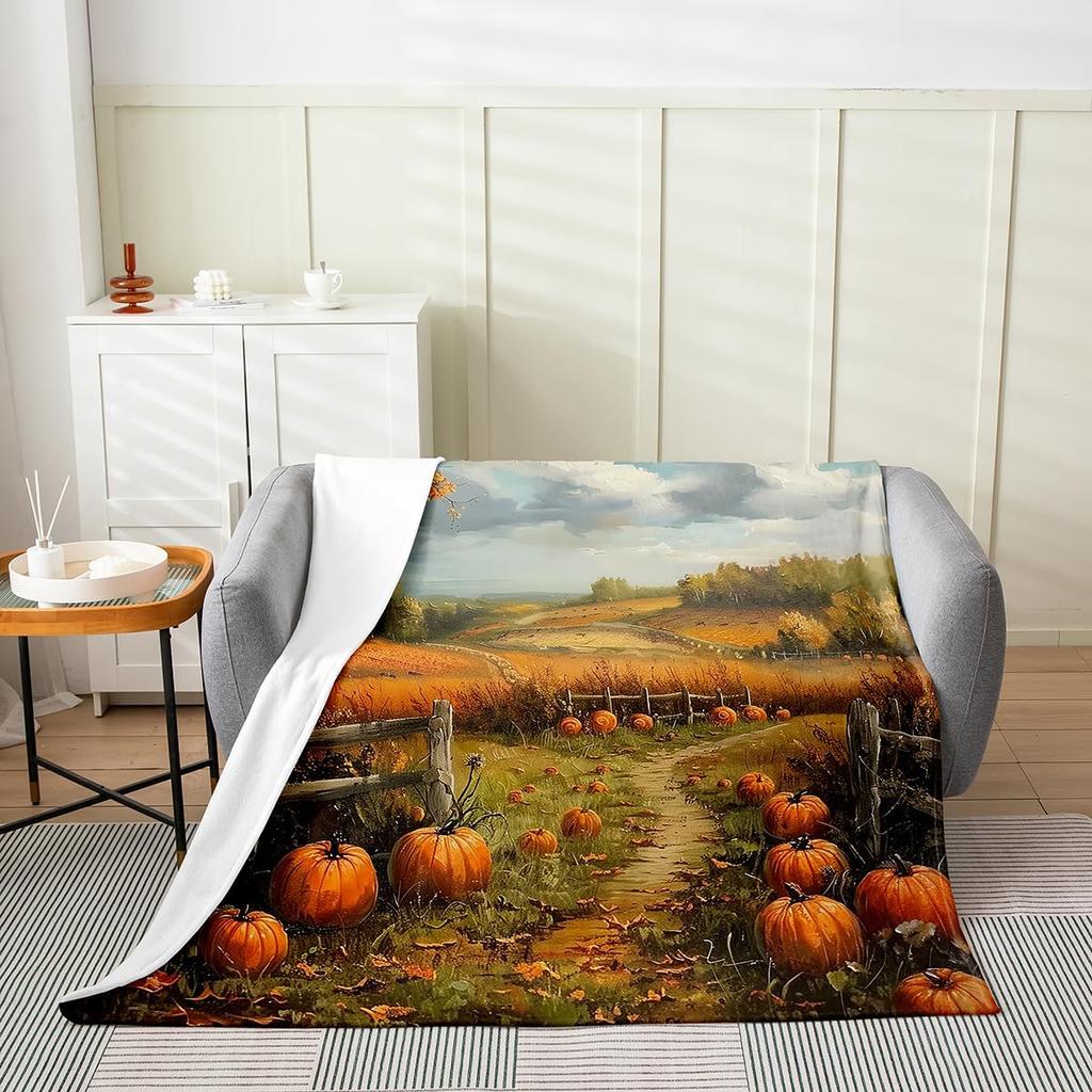 GUOYU Blanket Fall Pumpkin Harvest Fleece Flannel BlanketRustic Maple Autumn Leaves Bed Plush Blanket for Rustic Home DecorHarvest Patchwork