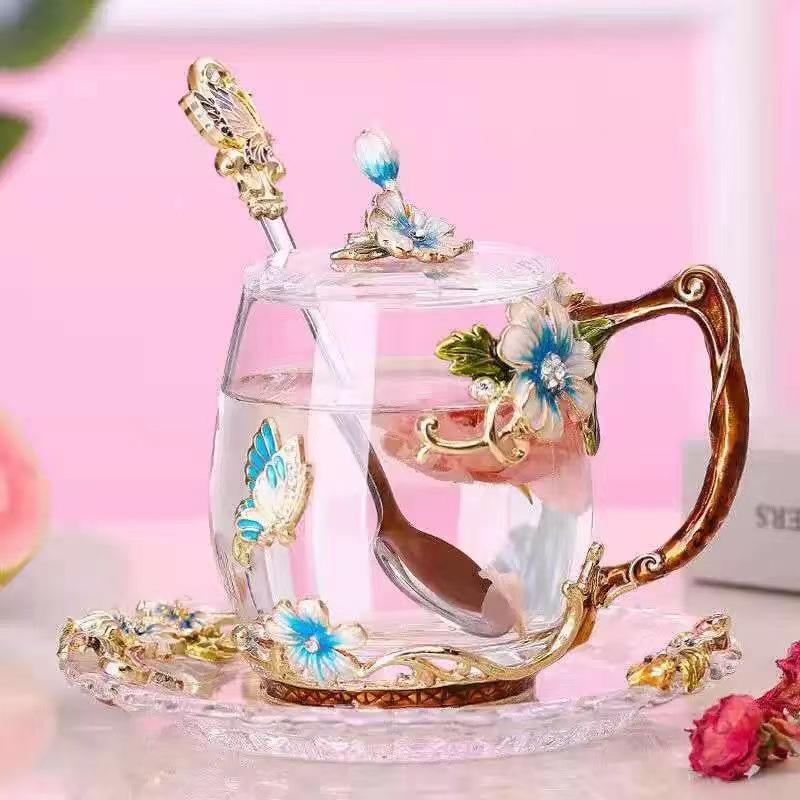 

Маленькая эмалированная чашка с изображением ромашки, небольшое стекло с росписью в виде свежего цветка, подарочный набор для чая для дома 350ml