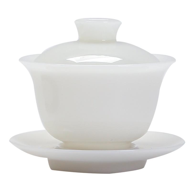 Pure Jade White Porcelain Tea Bowl Ceramic Sheep Fat Jade Three Talents Lid Bowl Gaiwan