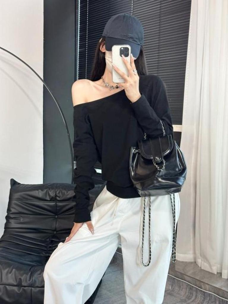 Szary Top Damski z Długim Rękawem na Jedno Ramię - Wczesna Jesień 2025 Niszowy Design