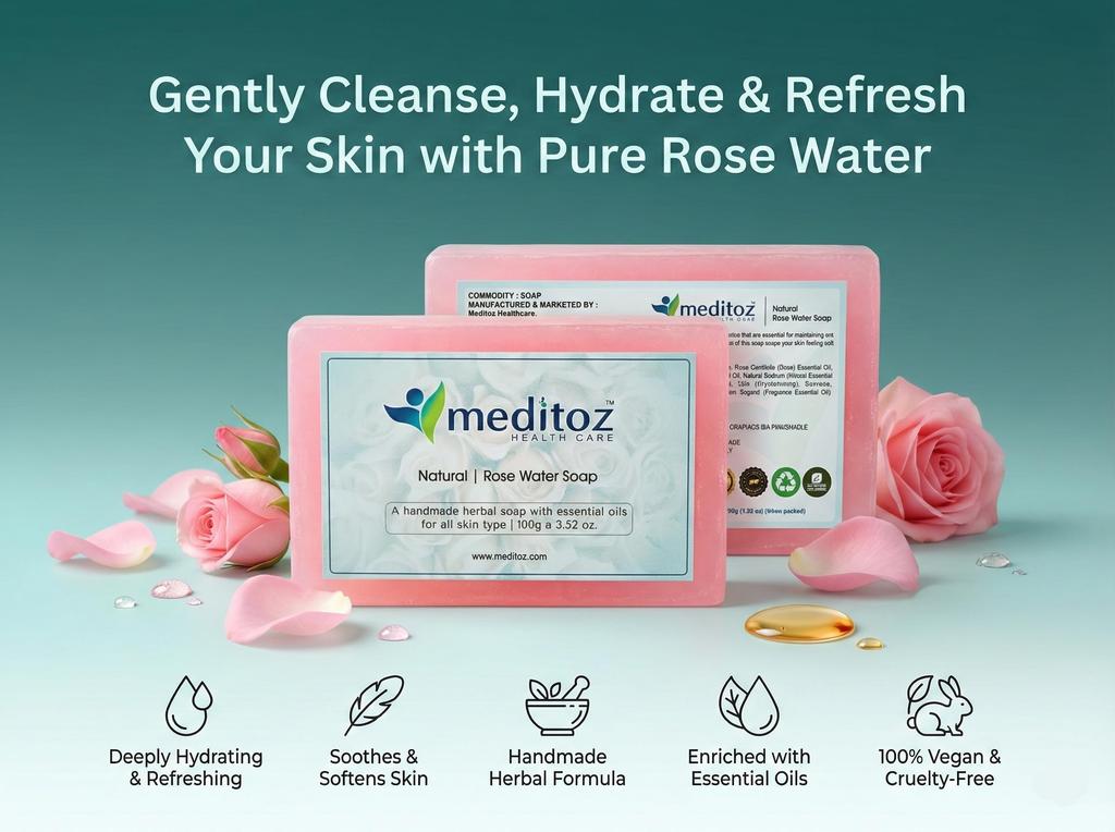 Meditoz Natural Rose Water Soap, Handmade Herbal Soap with Essential Oils, All Skin Types, (Pack of 2) 200g