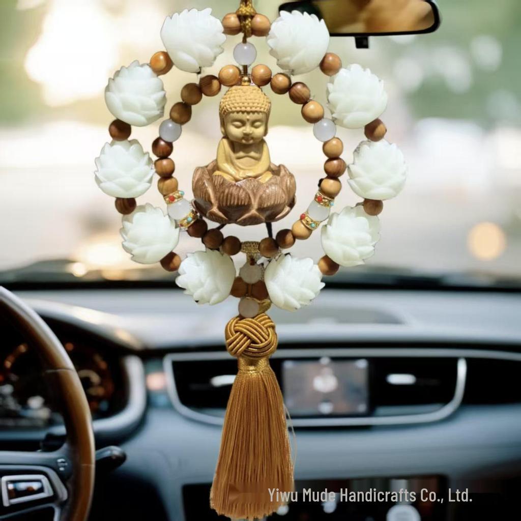 Boxwood Lotus Buddha Car Pendant: Good Luck Rearview Mirror Ornament for Men and Women