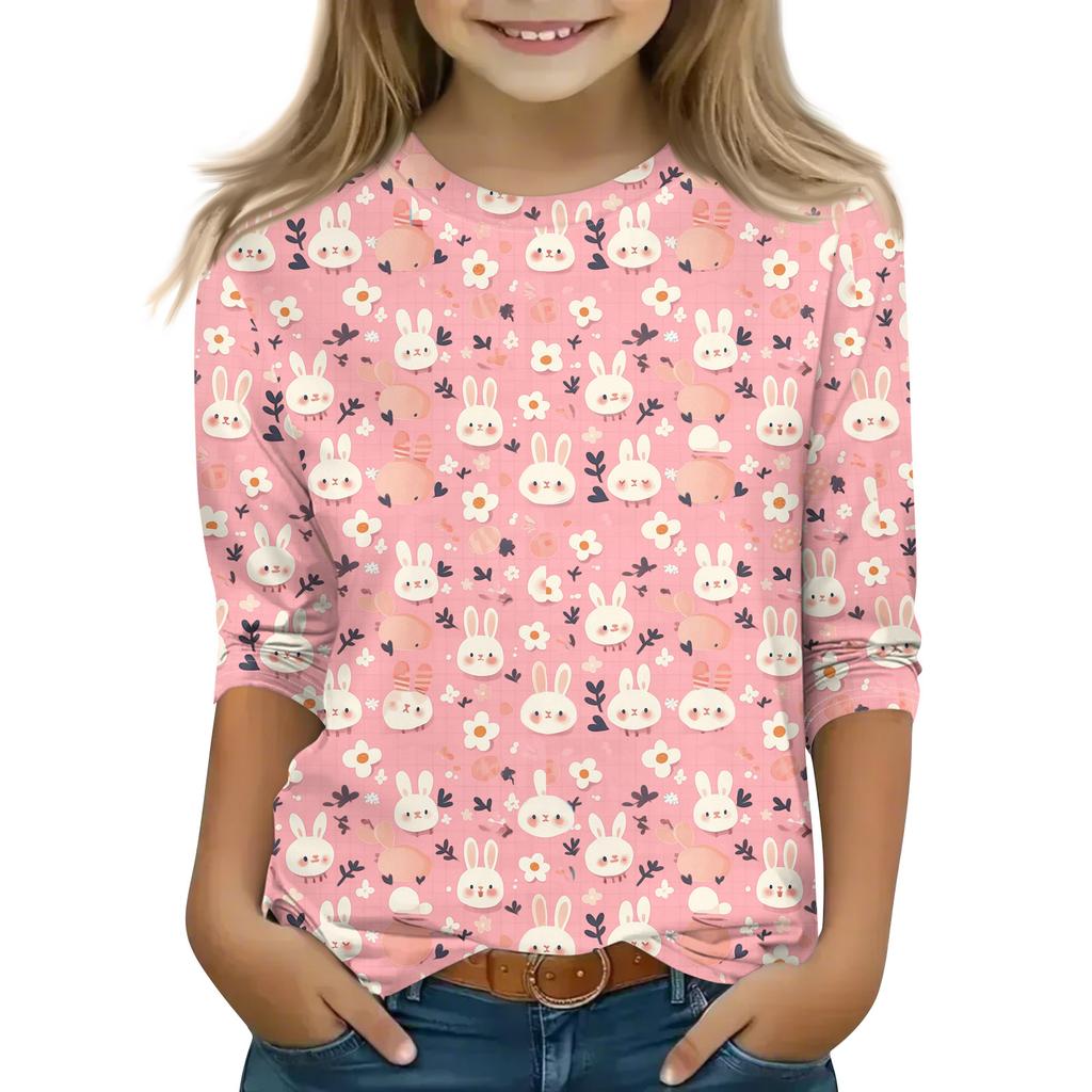 Print Tops For Youth Girls Round Neck 3/4 Sleeves T-Shirts Trendy Tops Outfit Tees