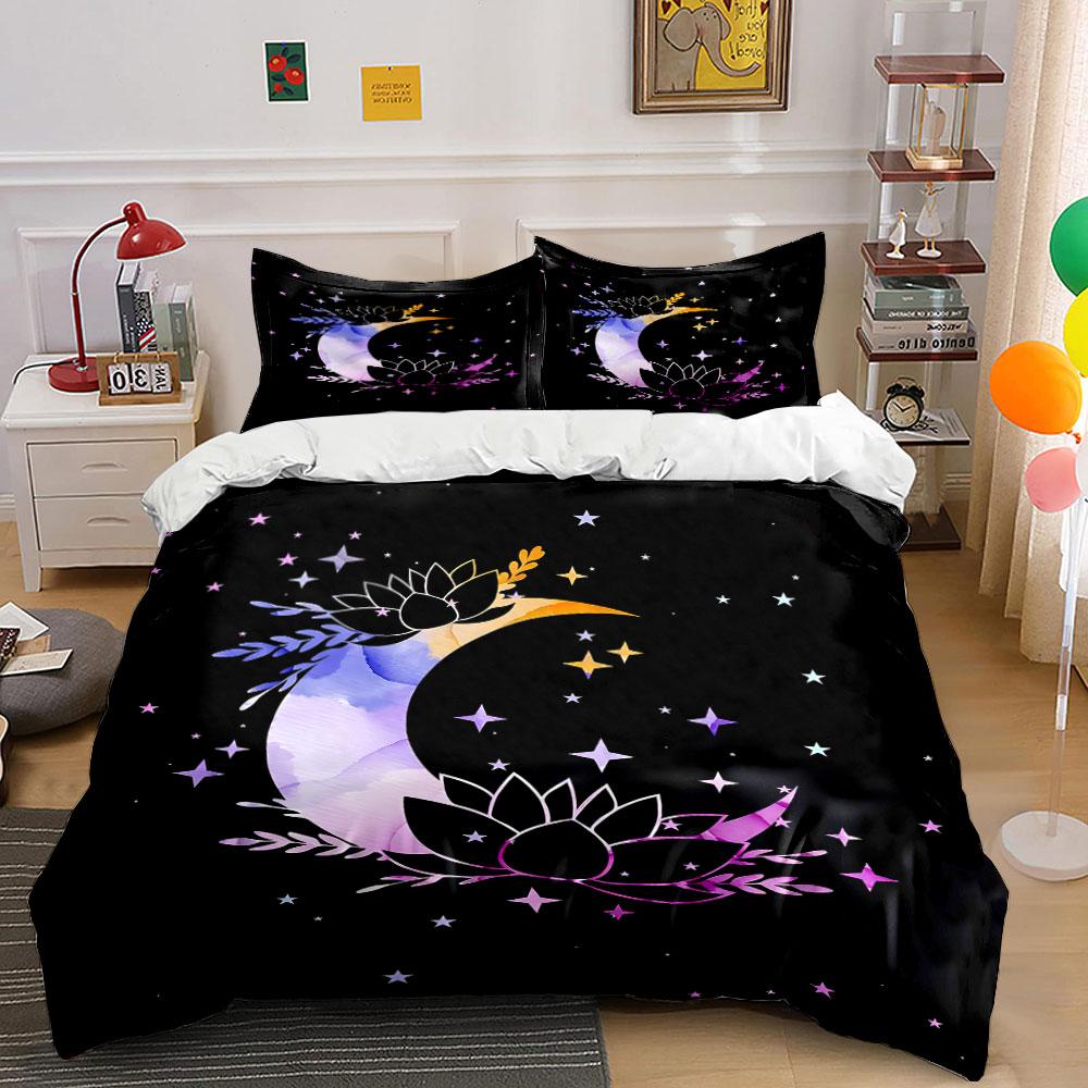 Moon and Lotus Starry Bedding Set Bedding Duvet Cover Set Duvet Cover Pillowcases  (1 * Duvet Cover 2 * Pillowcases, Without Duvet Insert)