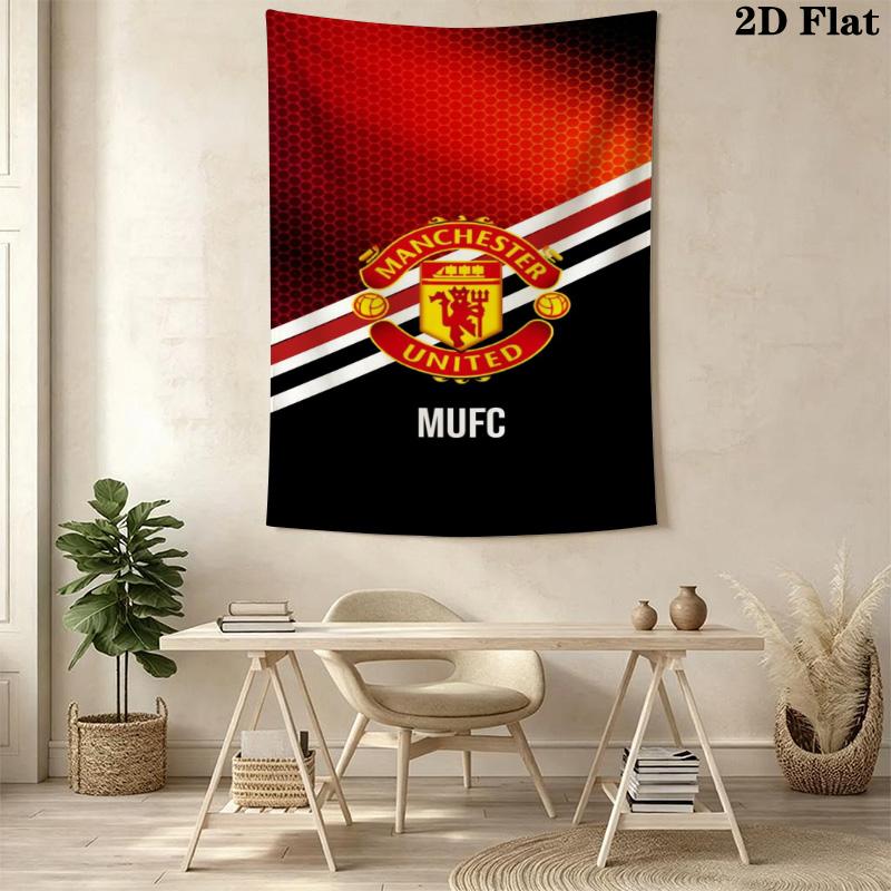 MUFC Honeycomb Background Tapestry, Manchester United Crest Wall Hanging Tapestry for Football Fan Wall Decor