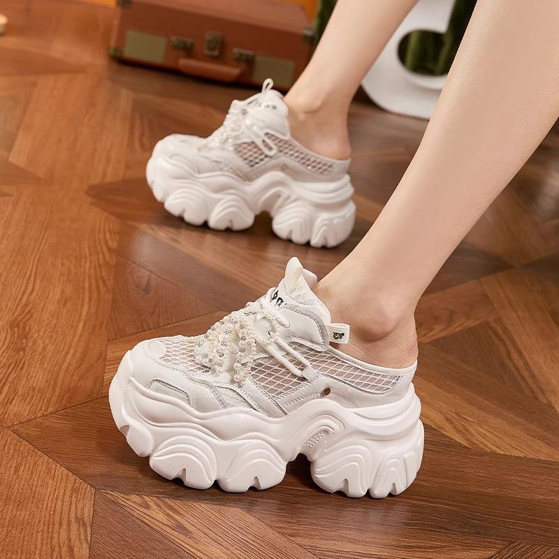 Mesh bag head half slippers dad shoes 2025 summer new hollow breathable sandals versatile thick sole heightening women's shoes