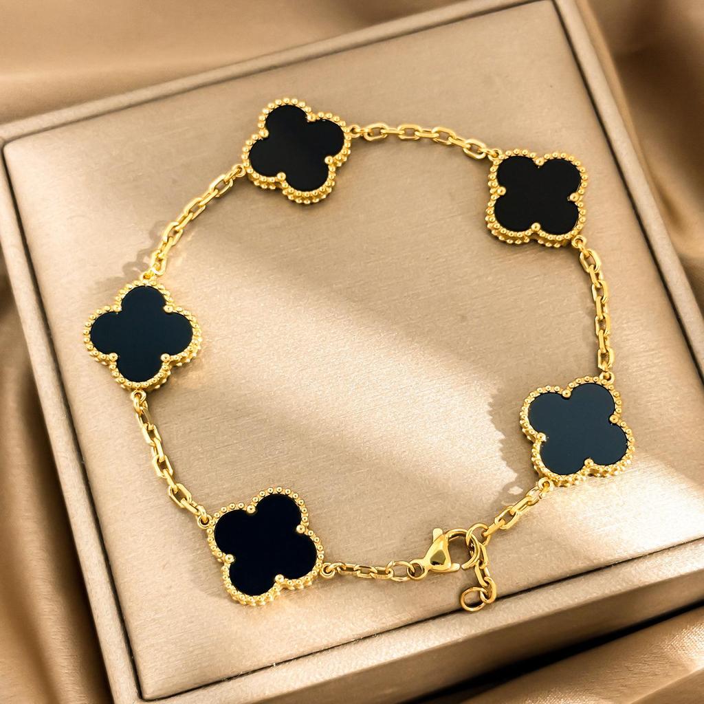 Bracciale Quadrifoglio in Acciaio al Titanio da 15 mm Bracciale Cinque Fiori di Alta Qualità Placcato Oro 18K Inossidabile Bracciale da Donna