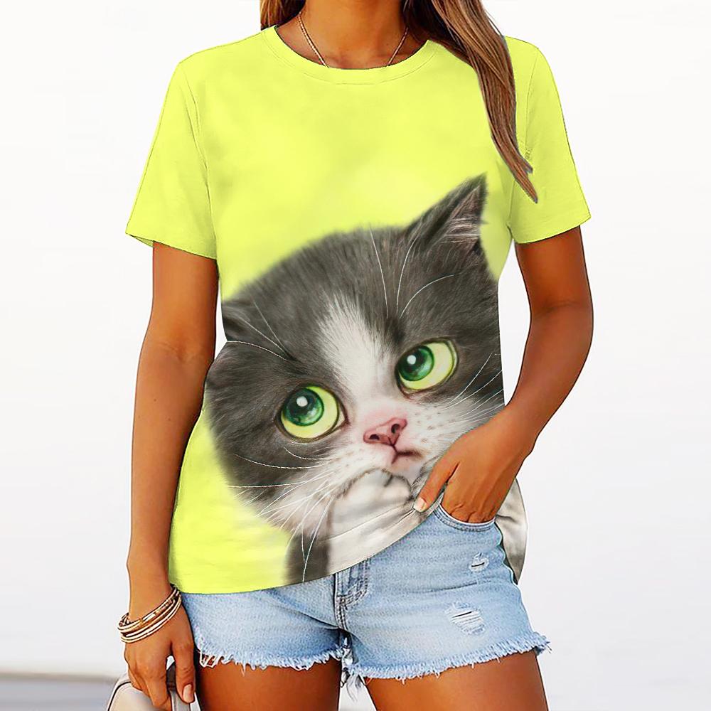 

Женская футболка со смешным графическим принтом кота, с короткими рукавами, модная, повседневная, оверсайз, с круглым вырезом, женская летняя одежда 3XL