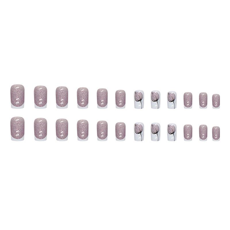 Explosive Flash Full Of European Square French Fake Nails Glitter Powder Flower Buds European And American Fashion Style Wearing Nail Women Nail Pads
