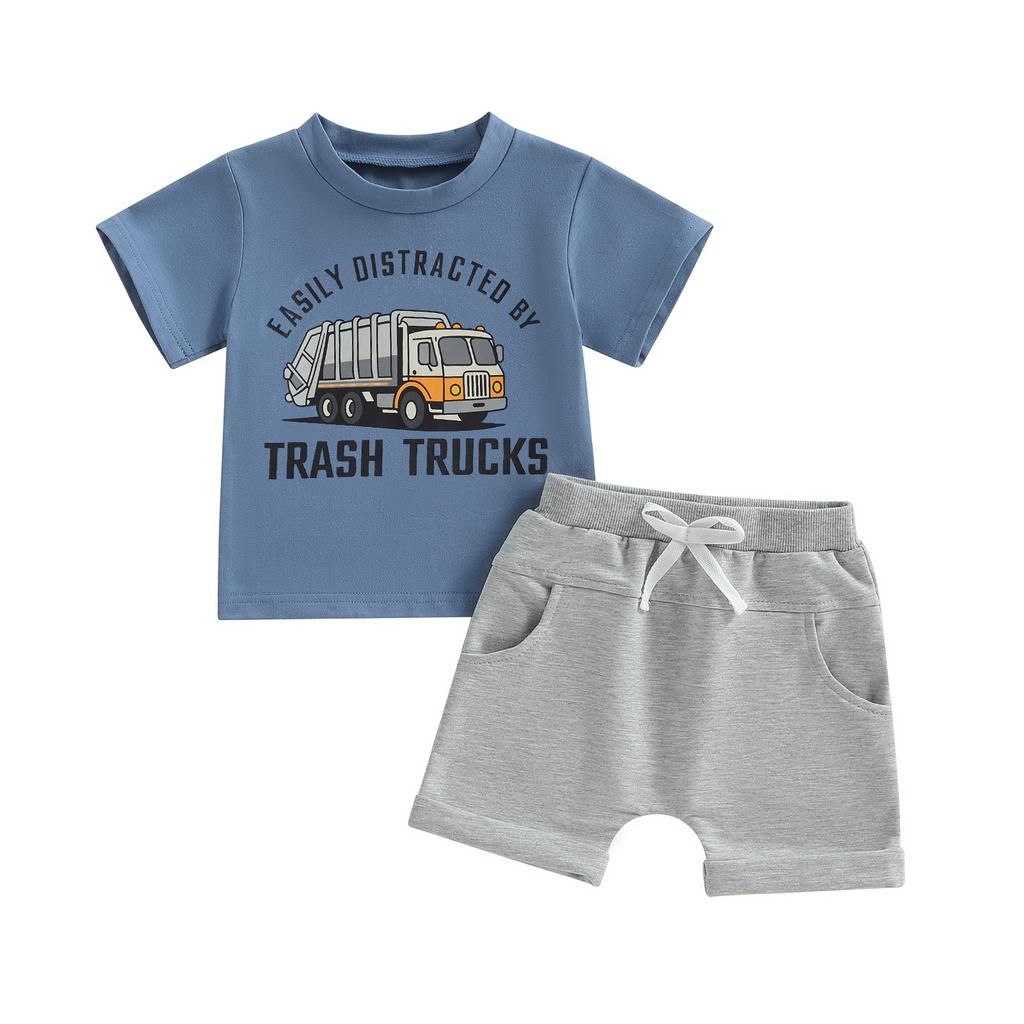 Tenues d'été pour tout-petits Garçons T-shirts à manches courtes imprimé Camion poubelle Lettre Short à taille élastique Ensemble 2 pièces