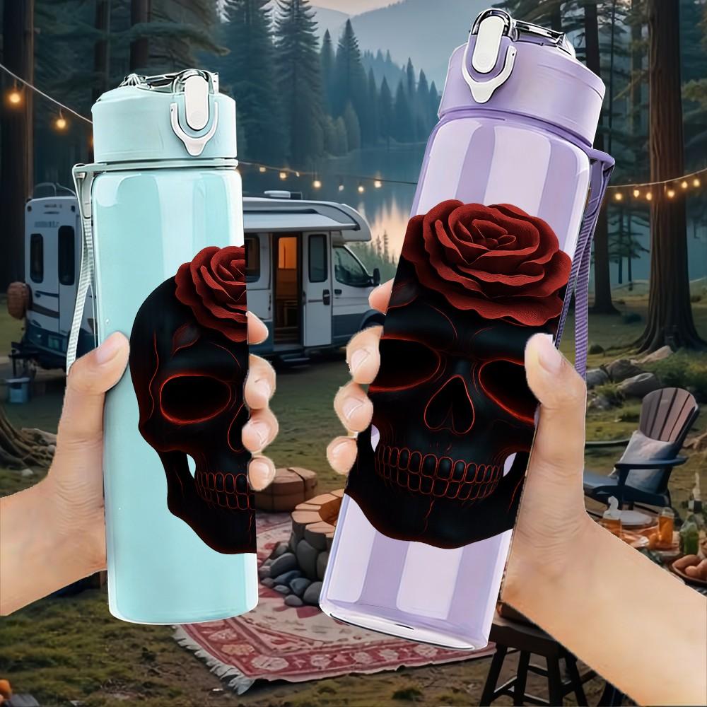 1PC Dark Sugar Skull Halloween Print 750ml Color Plastic Sports Water Bottle Leakproof Flip Straw Lid Suitable for Sports Office Home Use