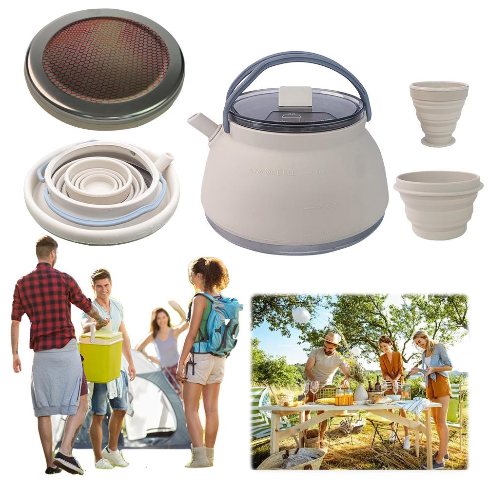 1.5L Silicone Kettle with Handle Outdoor Collapsible Kettle Stainless Steel Bottom Camping Cook Pot for Hiking Backpacking