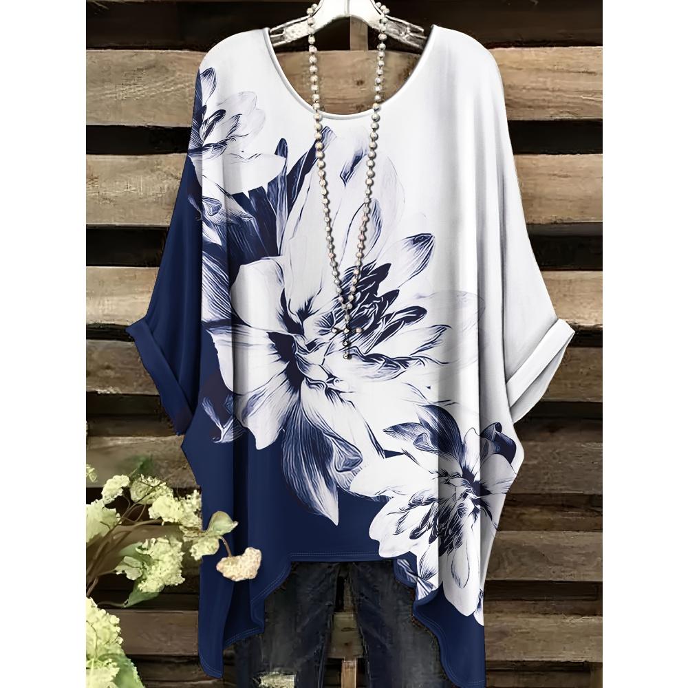 Women's Bohemian Flower Print T-Shirts Black Colorful Retro Full Body Graphic Y2k T-Shirts Summer Asymmetric Hemp&o- Neck Tops