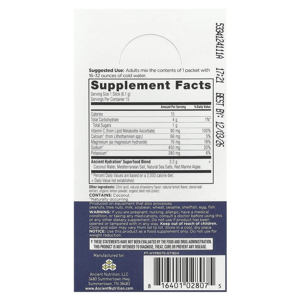 Ancient Nutrition, Fast Hydration, Strawberry Lemonade, Pack of 15 Sticks, 0.2 oz (6.1 g) Each