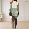 Women Plus Size Purple Gray White Printed Half Zip Long Sleeve Longline Top Fitted Pants Two Piece Set