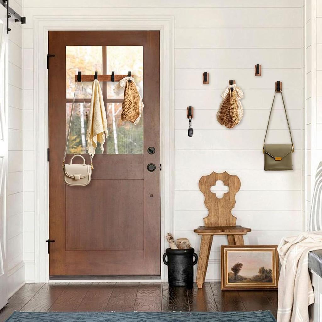 17.3'' Wall Mounted Coat Rack with 5 Hooks - Solid Walnut Wood Towel Rack for Bathroom, Entryway Hat Hanger, Space-Saving Farmhouse Decor for