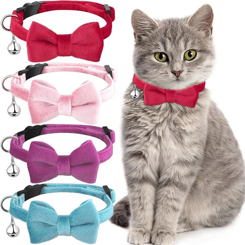 1PC Cute Pet Suede Bow Tie Collar with Bell Breakaway Adjustable Solid Color Safety Collar for Kitten Puppy