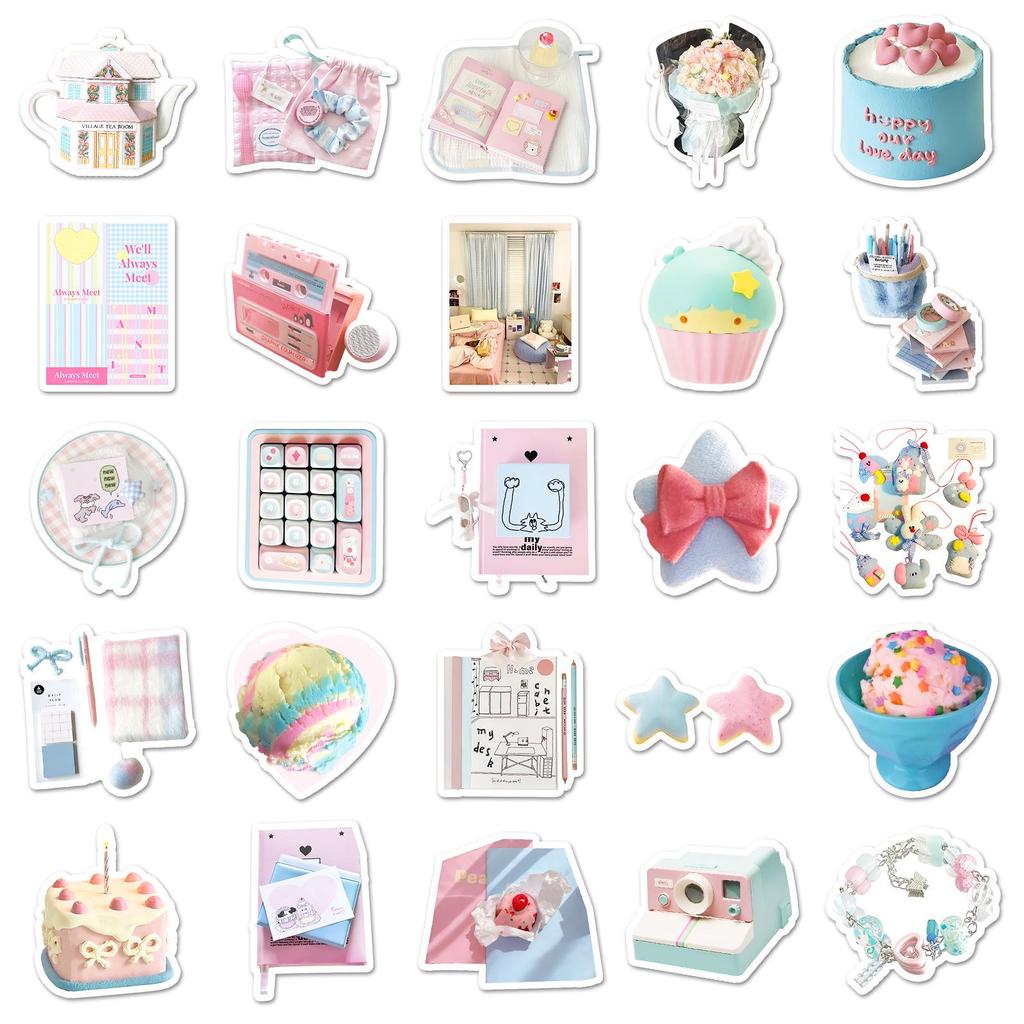 Set mit 52 Blau & Rosa INS Stil Aufklebern - Niedliches Cartoon Wald Design für Mädchenherzen DIY Handyhülle Dekoration mit Wasserdichter Funktion