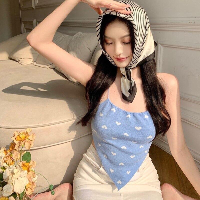 Irregular Tanks Top Heart Print Hanging Neck Straps Top Knitted Camisole For Women