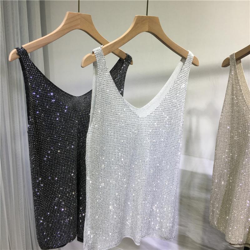 Gilet con paillettes industria pesante taglia grande larga capospalla bretelle top estivo lucido caldo diamanti luce sexy scollo a V