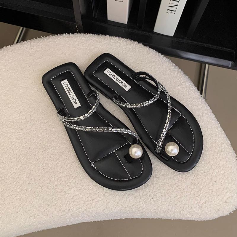 Flat-bottomed Set of Toe Small Cool Slippers Shoes New Summer Soft-soled with Skirt Rhinestone Sandals