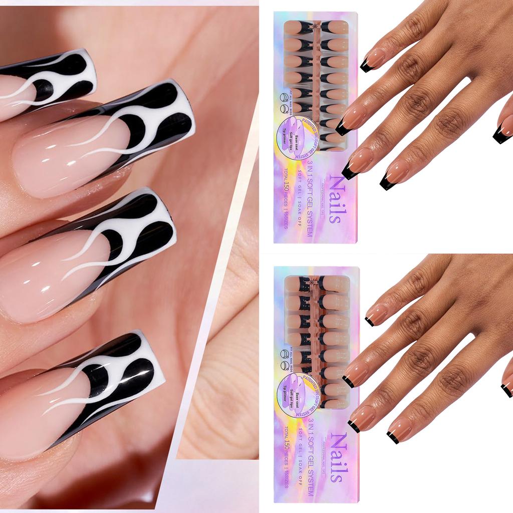 150Pcs Press On Nails Soft Gel False Nail Tips 3 In 1 Pre-Colored French Nails Fake Nails 14 Sizes for Nail Extension