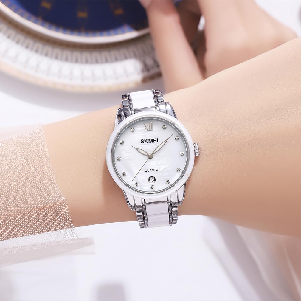 Women's Watch Ceramic white simple ladies waterproof brand business stainless steel gift for her silver