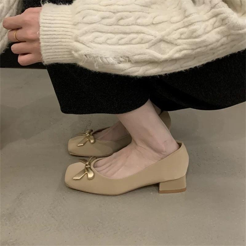 2025 Spring and Autumn New Fashion Versatile Temperament High Heel Light Mouth Bow Versatile Thick Heel Single Shoes Women's Shoes