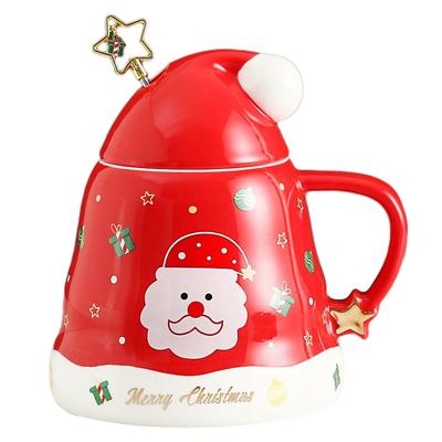 Vánoční kávový hrnek s víčkem a míchátkem Keramický hrnek Santa Clause Velkokapacitní kávový hrnek