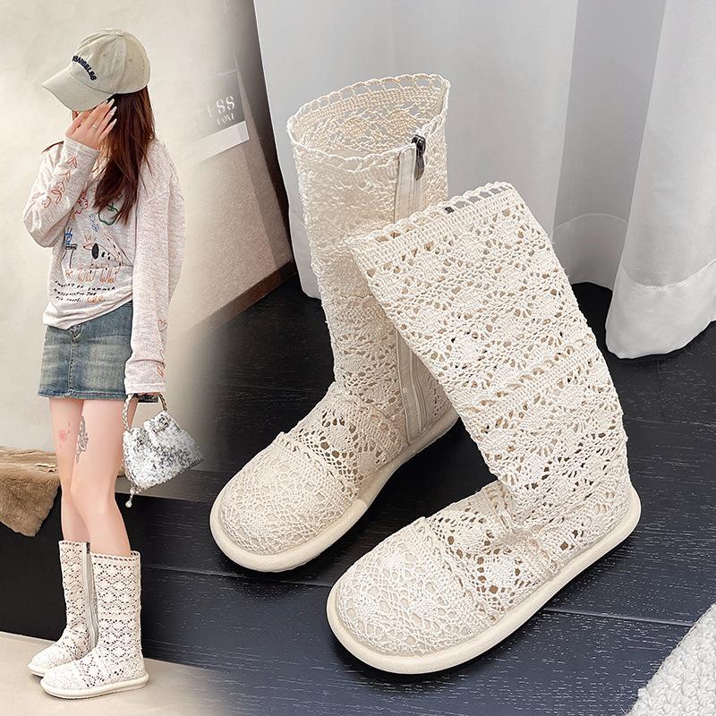 

Breathable hollow retro boots summer women s side zipper lace Roman women s cool net boots 35 абрикосовый
