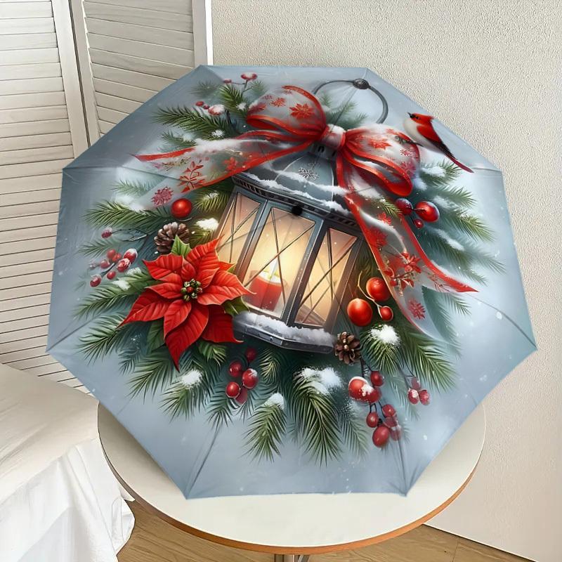 1PC Christmas Lantern BirdAutomatic Open/Close Umbrella with Windproof, 8-Rib Sturdy Canopy, Durable Ribs, Fashionable Design, Outdoor Accessory, Fun