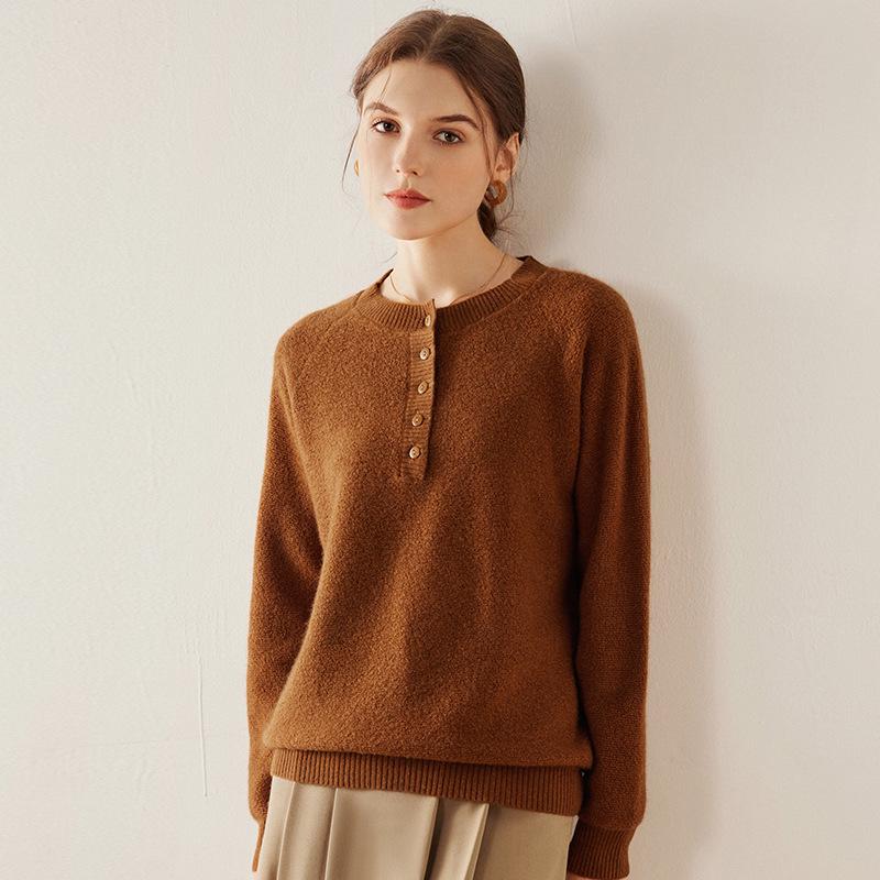 Women's Solid Color Cashmere Button Sweater - Warm, Versatile, Loose Knit