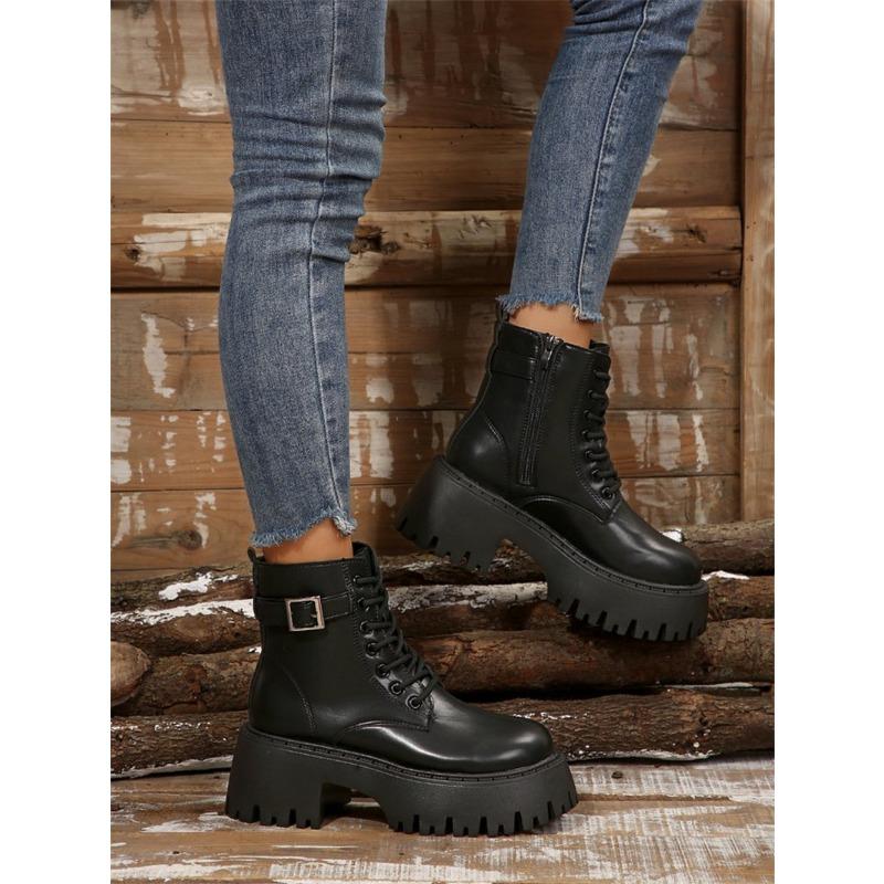 Plus Size 25 Autumn New Lace-up Round Toe Buckle with Platform Short Sore Women's British Style Fashion Trend Martin Boots