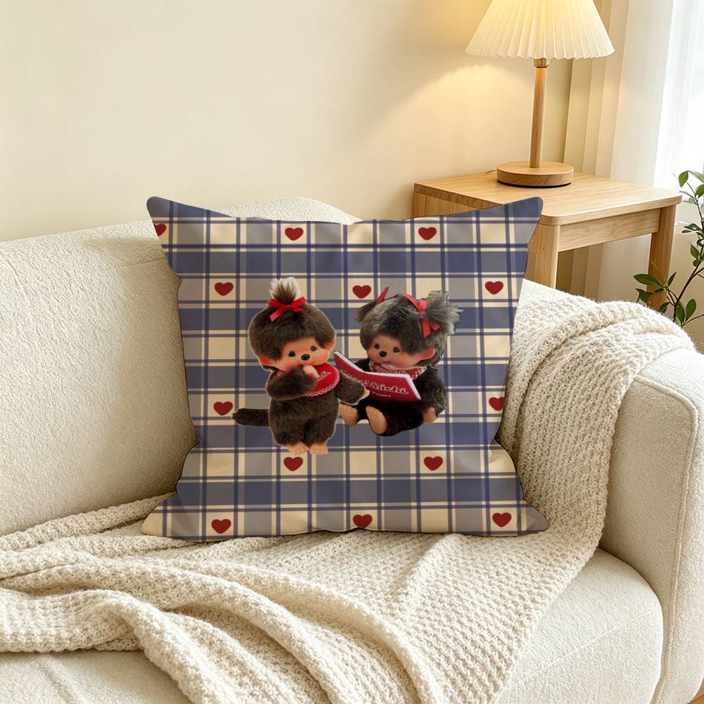Cute M-Monchhichi Pillow Case Square Double-Sided Sofa Cushion Cover Bedroom Bedside Pillow