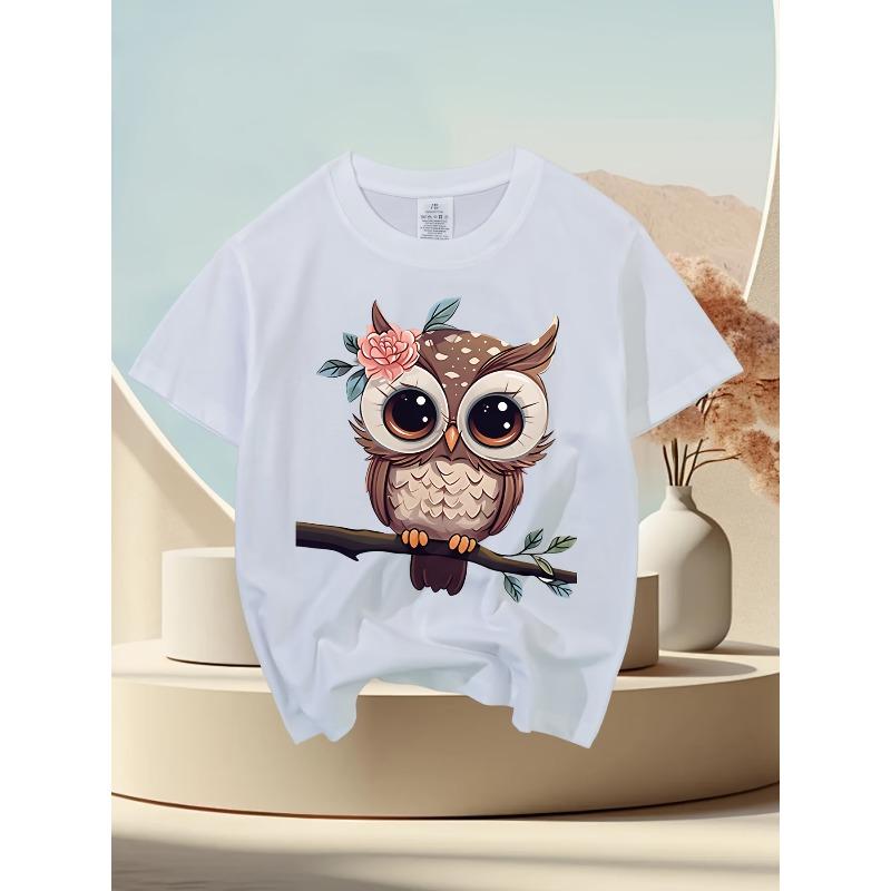European sizes Adorable Short-Sleeve T-Shirt for Girls Featuring a Cute Owl Adorned with a Flower Crown.
