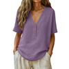 Women Solid Button V Neck Short Sleeve Casual T Shirt