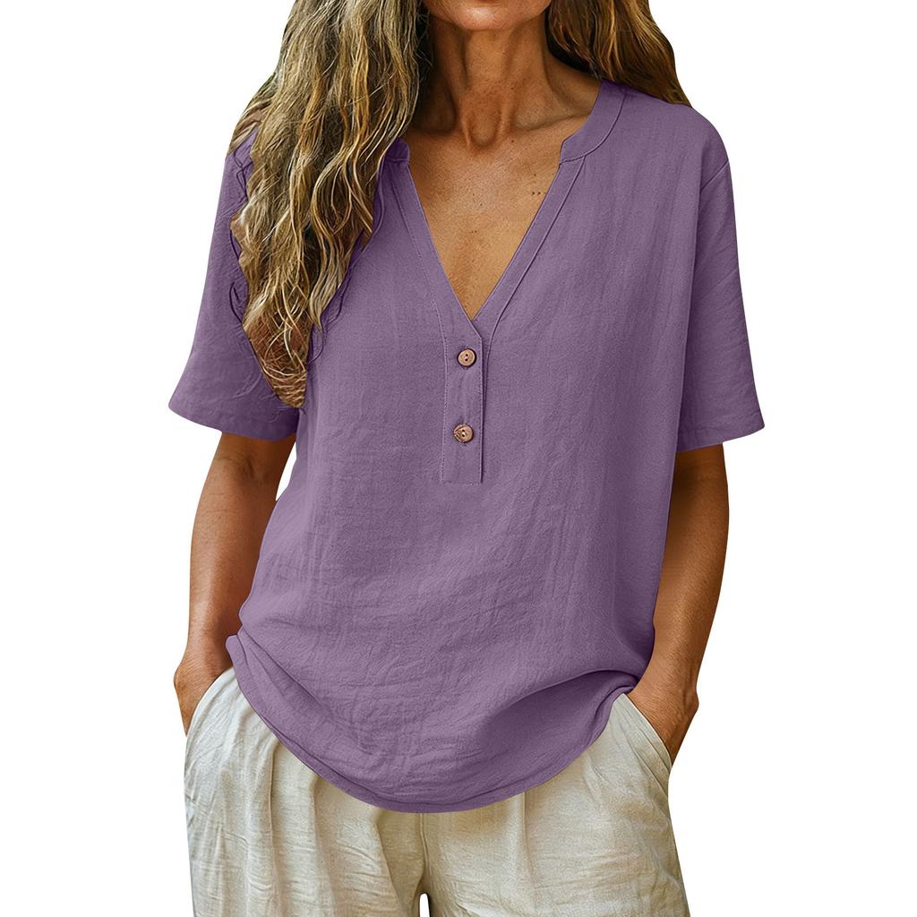 Women Solid Button V Neck Short Sleeve Casual T Shirt