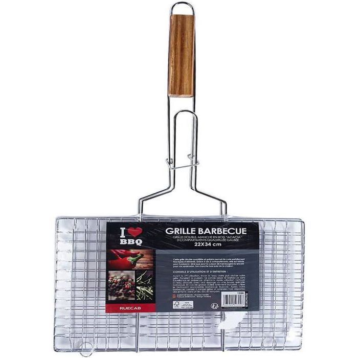 Grille de Barbecue Double Quadrillé Inox Poignée Bois Argent 22 x 34 cm GRILLE DE BARBECUE