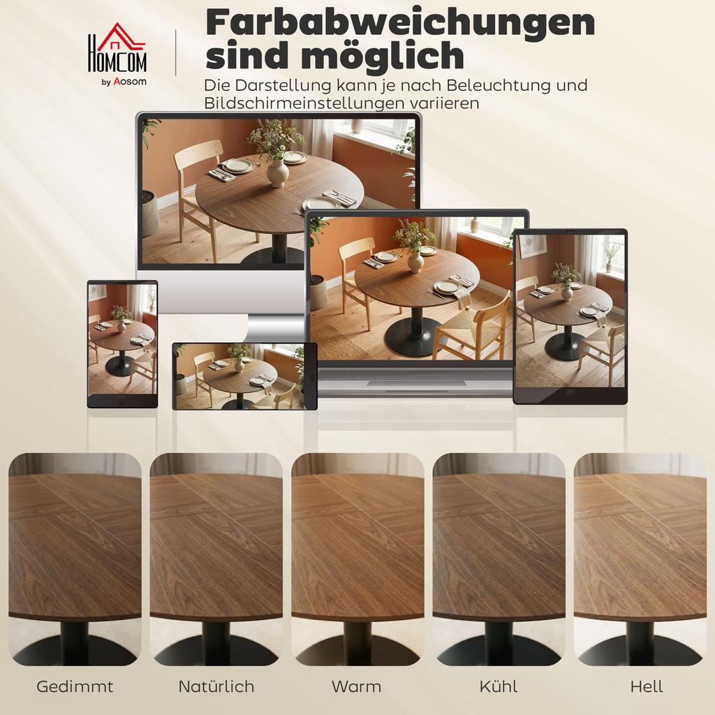 Round Dining Table for 6 People, 110 cm Modern Kitchen Table with Base for Living Room, Brown Wood Grain