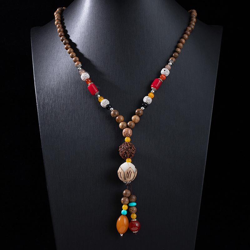 Stile Etnico Retrò Catena Lunga per Maglione Ciondolo in Pietra Bodhi con Diamante Collana con Perline di Legno Ciondolo in Cotone e Lino Tibetano Collana con Perline di Buddha