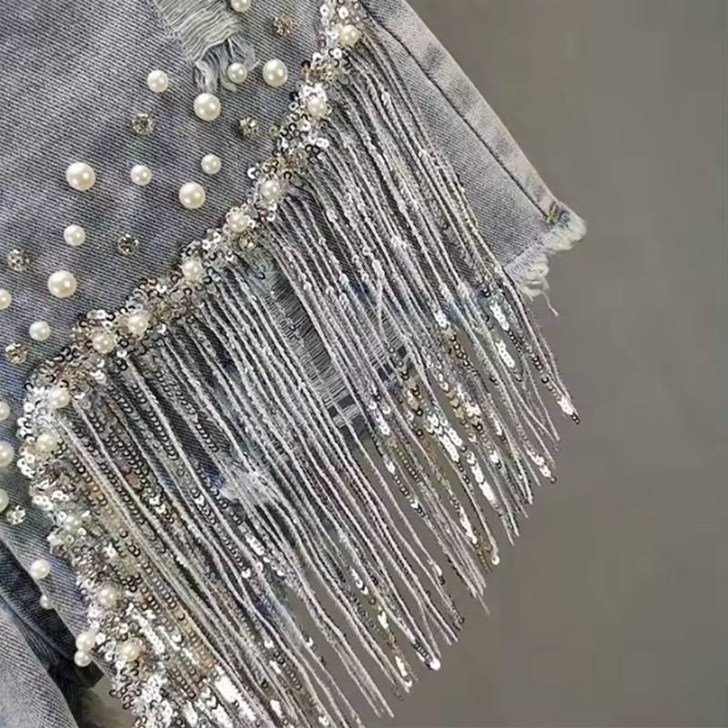 Pantaloni Scurți Denim pentru Femei Haine de Vară Noi Europeni Talie Înaltă Subțiri Industrie Grea Mărgelate Paietate Franjurate Rupt Cupru Jeans