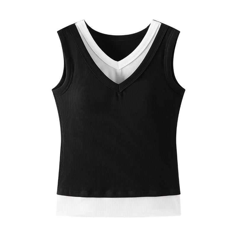 878 Color Collision False Two Pieces V-neck Camisole Undershirt Female Spring and Summer Slim Thin Inside with Bra Pads Outside The Bottoming Tops