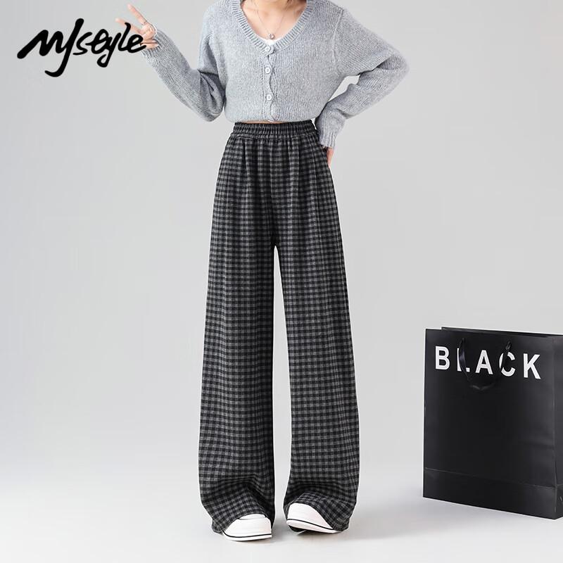 

MJ STYLE Women s Retro Plaid Wide-Leg Casual Pants L
