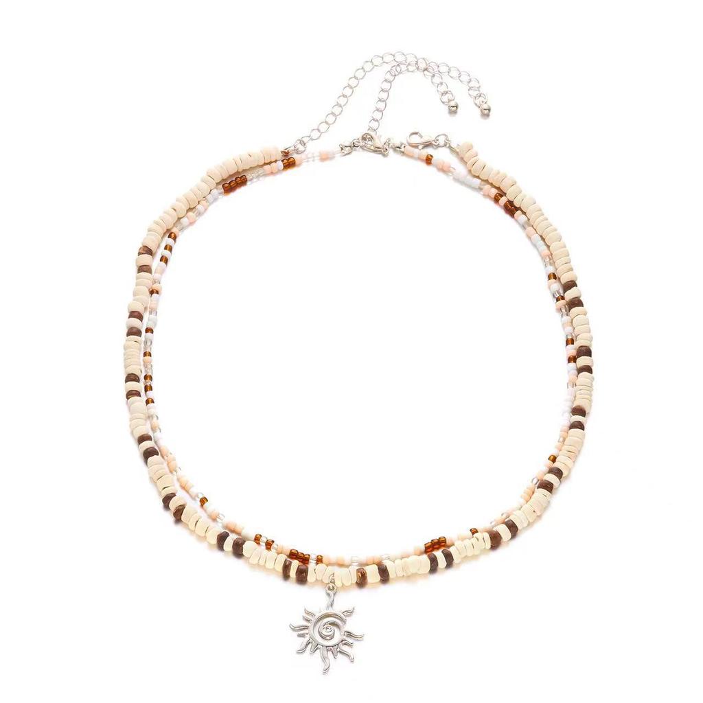 Stainless Steel Sun Pendant Coconut Shell Bead Necklace