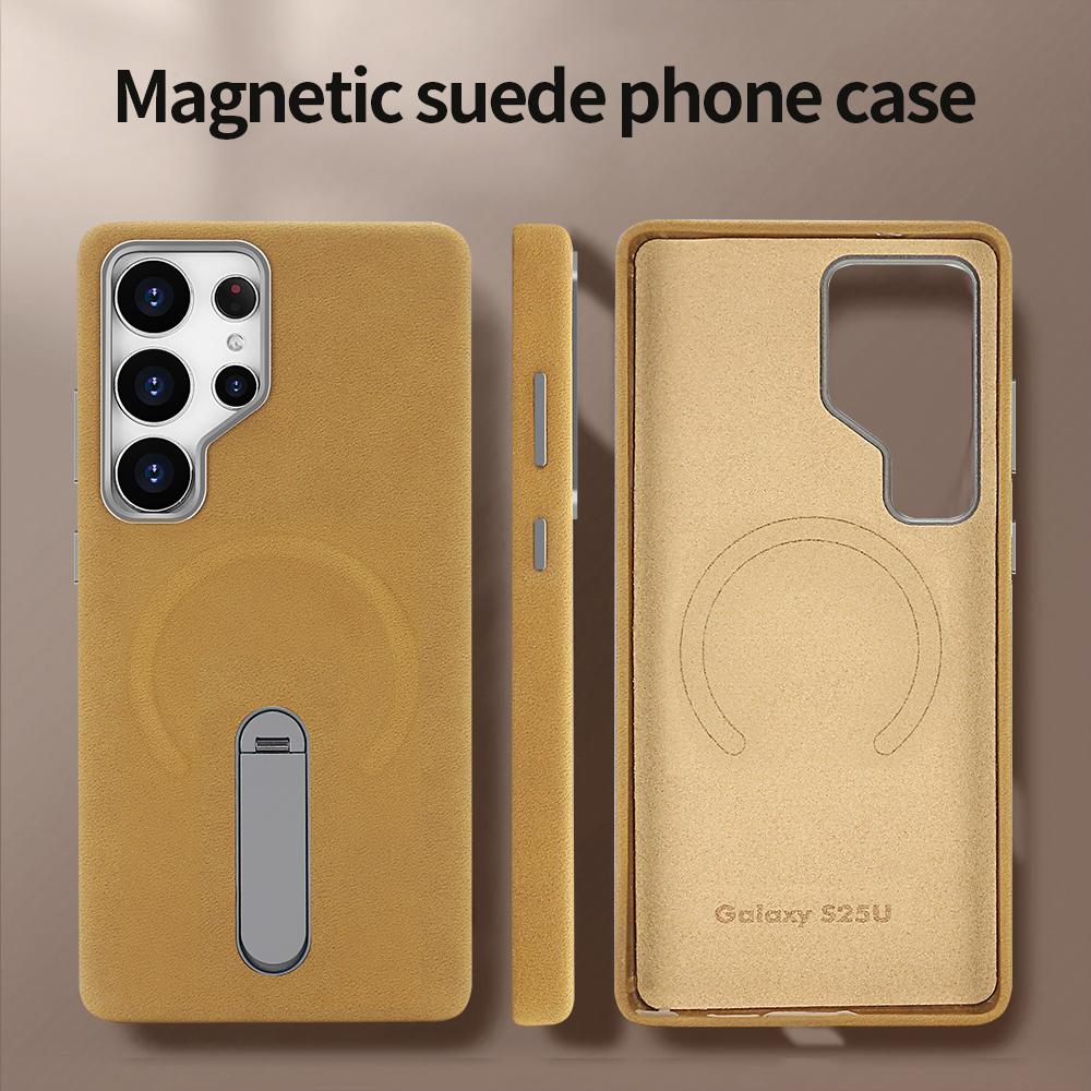 Suede Magnetic Wireless Charging Protective Phone Case with Metal Stand for Galaxy S24 Ultra/ S25 Ultra, Metal Camera Protection