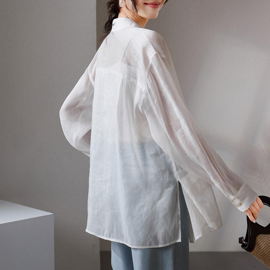 Lightweight long sleeved silk and linen shirt for women in 2026 summer, simple and versatile for commuting, solid color shirt